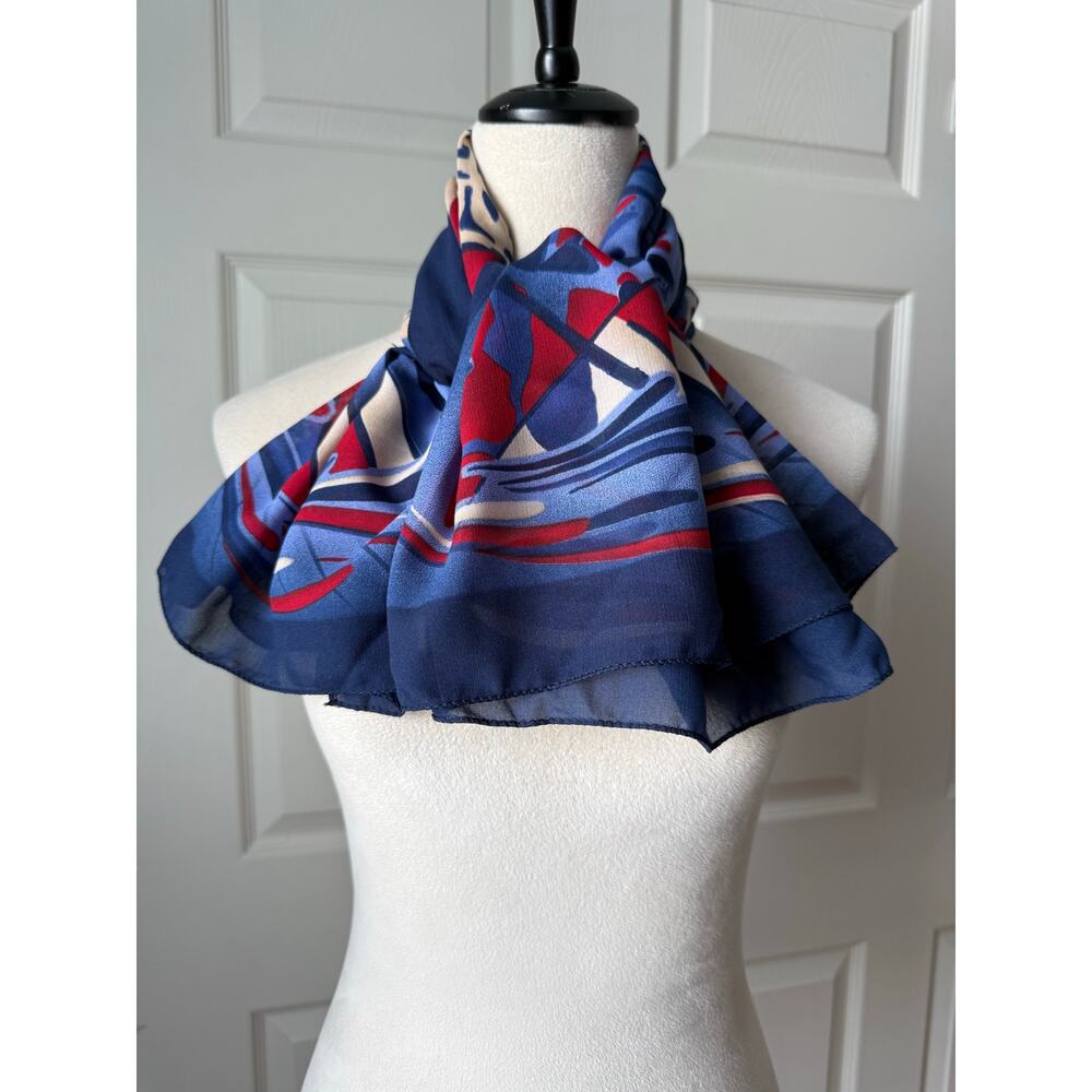 Oguz Red White Blue Abstract Square Semi Sheer Scarf 35.5” Art Deco 4th July